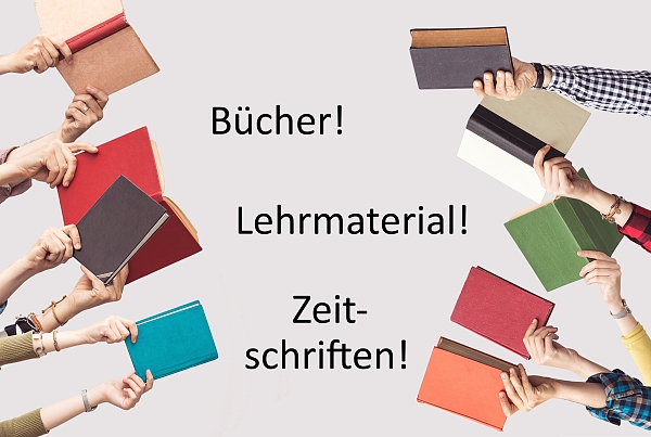 ausgestreckte Hände mit Büchern und dem Schriftzug Bücher! Lehrmaterial! Zeitschriften!